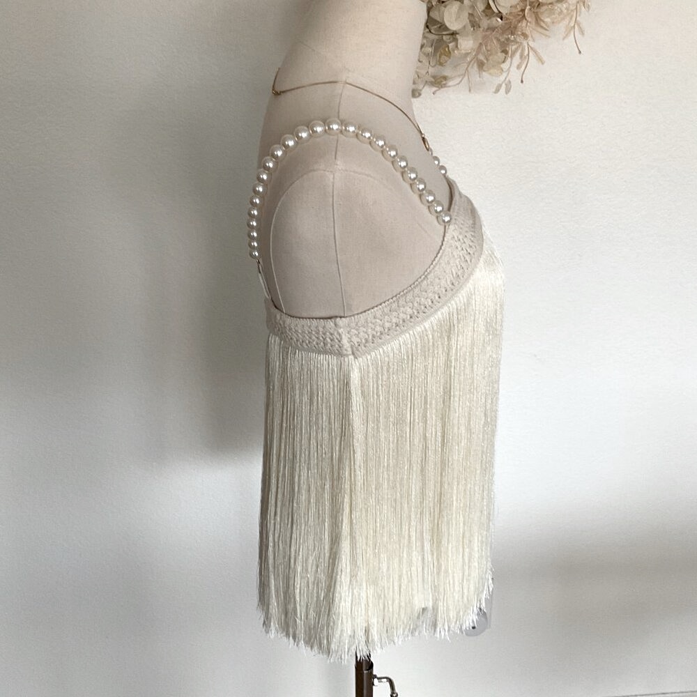 π€ BOSTON PROPER Pearl Embellished Fringe Knit Top Tank Flapper Ivory White - Picture 7 of 15